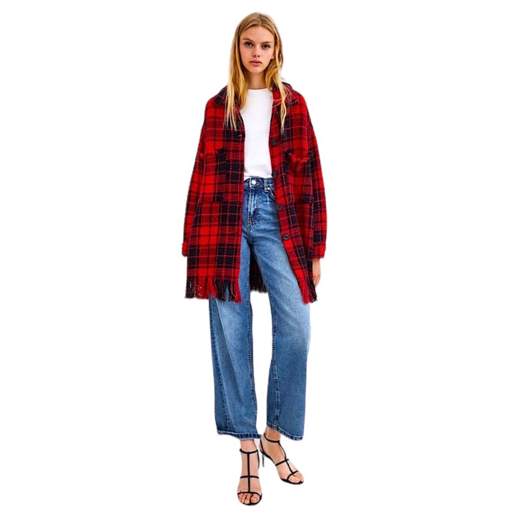 ZARA Red Black Plaid Tweed Fringe  Oversized Shacket Lightweight Jacket Small